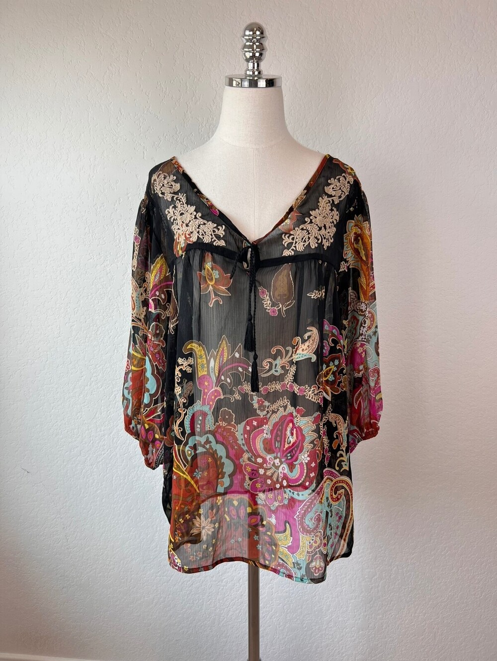 One World Black Floral Paisley Print Sheer Top Tie Whimsigoth size XL